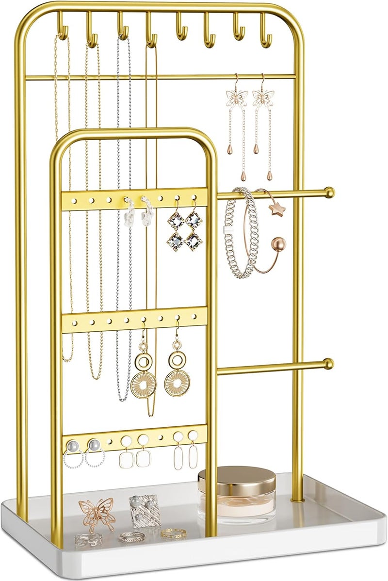 pickpiff Jewelry Holder Stand: Jewelry Display for Necklace, Bracelet, Earring, Ring, White & Gold - Image 1